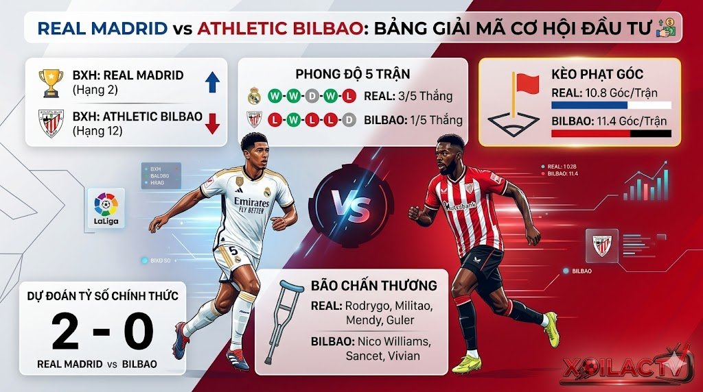 Infographic thống kê phong độ, tỷ lệ kèo phạt góc, tình hình chấn thương và dự đoán tỷ số 2-0 trận Real Madrid vs Athletic Bilbao.