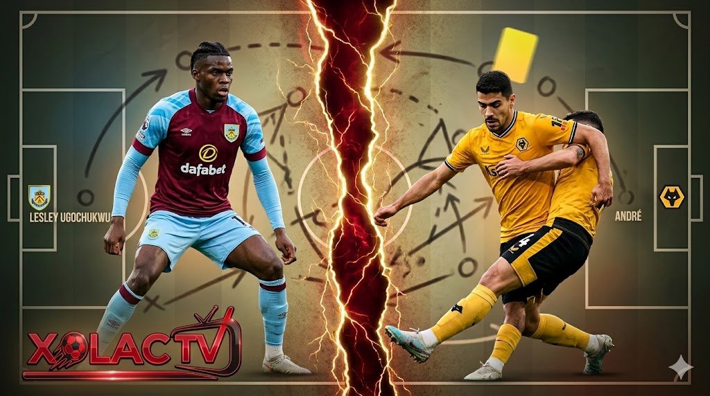 Đồ họa soi kèo trận Burnley vs Wolves, Lesley Ugochukwu và André đối đầu trên nền sa bàn chiến thuật mờ, có thẻ vàng mô phỏng nguy cơ nhận án phạt được phân tích bởi chuyên gia Xoilac TV.